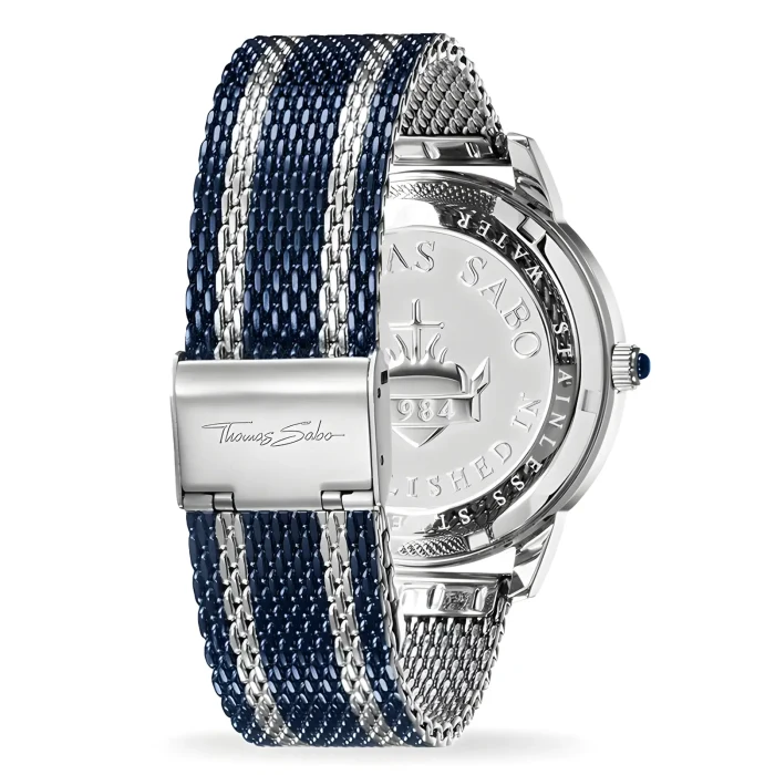 THOMAS SABO WA0268-2 Stylish Thomas Sabo watch featuring a blue and silver mesh band, showcasing its sleek back with engraved logo and details.